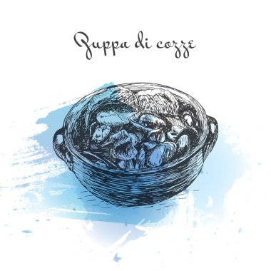 Zuppa di cozze suluboya efekti illüstrasyon.