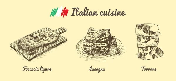 Menu italiano ilustração monocromática . — Vetor de Stock