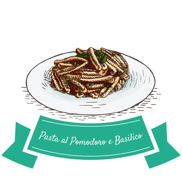 Pasta al Pomodoro e Basilico colorida ilustración . — Vector de stock