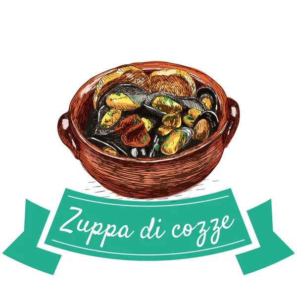 Zuppa di cozze colorful illustration. — Stockvector