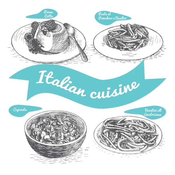 Ilustración vectorial monocromática de la cocina italiana . — Vector de stock