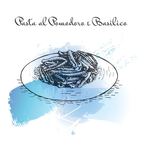 Ζυμαρικά al Pomodoro ε Basilico εφέ υδροχρώματος εικονογράφηση. — Διανυσματικό Αρχείο