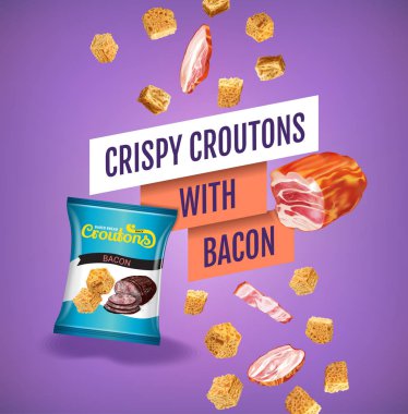 Vector realistic illustration of croutons with bacon. clipart