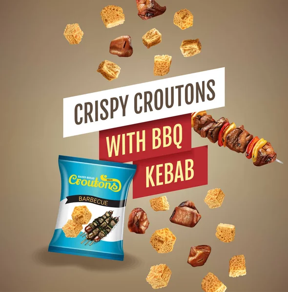 Ilustração vetorial realista de croutons com churrasco kebab . — Vetor de Stock