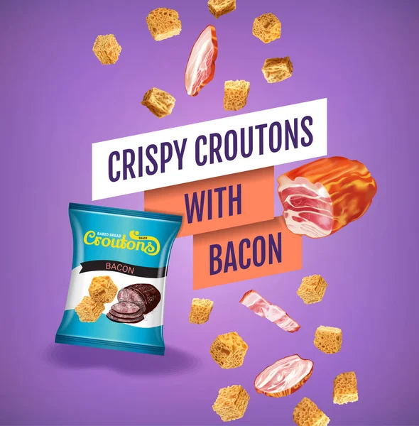 Ilustração vetorial realista de croutons com bacon . — Vetor de Stock