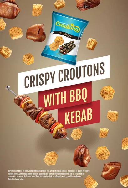 Ilustração vetorial realista de croutons com churrasco kebab . — Vetor de Stock