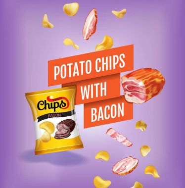 Patates cipsi reklamlar. Pastırma ile patates cipsi ile vektör gerçekçi çizim. Poster ile ürün.