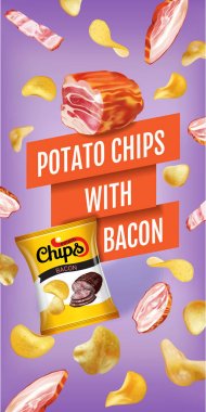 Patates cipsi reklamlar. Pastırma ile patates cipsi ile vektör gerçekçi çizim. Ürün ile dikey banner.