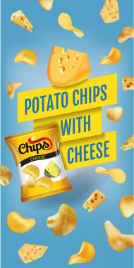 Patates cipsi reklamlar. Vektör patates cipsi peynirli gerçekçi çizim. Ürün ile dikey banner.