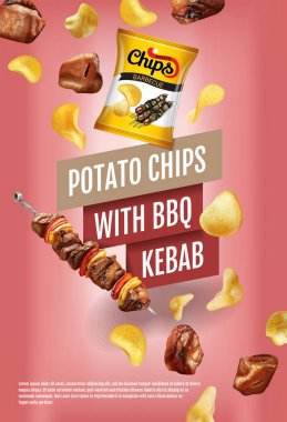 Patato reklamlar fişleri. Patates cipsi ile Barbekü kebap ile vektör gerçekçi çizim. Ürün ile dikey poster.