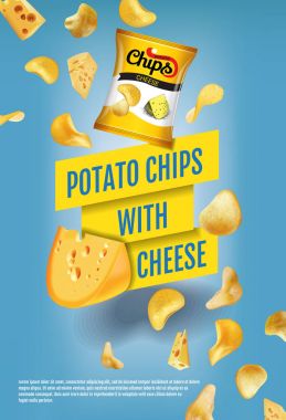Patates cipsi reklamlar. Vektör patates cipsi peynirli gerçekçi çizim. Ürün ile dikey poster.
