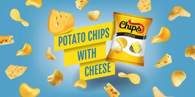 Patates cipsi reklamlar. Vektör patates cipsi peynirli gerçekçi çizim. Ürün ile yatay banner.