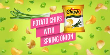 Patates cipsi reklamlar. Vektör patates cipsi taze soğan ile gerçekçi çizim. Ürün ile yatay banner.
