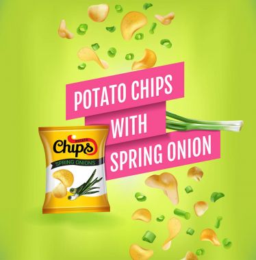 Patates cipsi reklamlar. Vektör patates cipsi taze soğan ile gerçekçi çizim. Poster ile ürün.