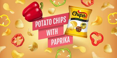 Patates cipsi reklamlar. Patates cipsi kırmızı biber ile vektör gerçekçi çizim.