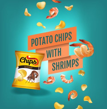 Patates cipsi reklamlar. Vektör patates cipsi karides ile gerçekçi çizim. Poster ile ürün.