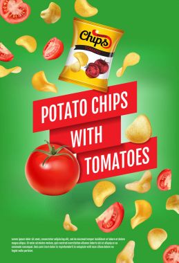 Patates cipsi reklamlar. Vektör gerçekçi çizim domatesli patates cipsi. Ürün ile dikey poster.