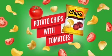 Patates cipsi reklamlar. Vektör gerçekçi çizim domatesli patates cipsi. Ürün ile yatay banner.