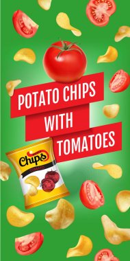 Patates cipsi reklamlar. Vektör gerçekçi çizim domatesli patates cipsi. Ürün ile dikey banner.