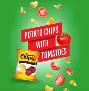 Patates cipsi reklamlar. Vektör gerçekçi çizim domatesli patates cipsi. Poster ile ürün.