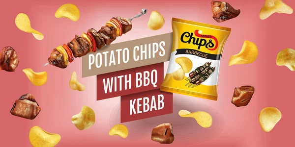 Реклама чипсов. Векторная реалистичная иллюстрация с картофельными чипсами с шашлыком BBQ. Горизонтальный баннер с продуктом . — стоковый вектор