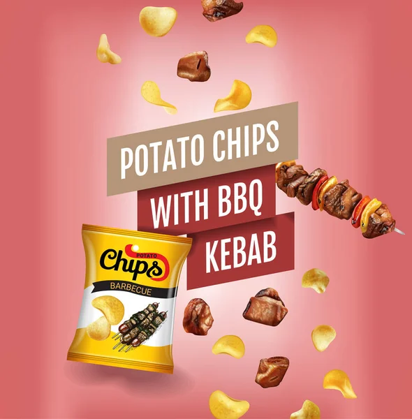 Anuncios de patatas fritas. Ilustración realista vectorial con papas fritas con kebab BBQ. Póster con producto . — Vector de stock