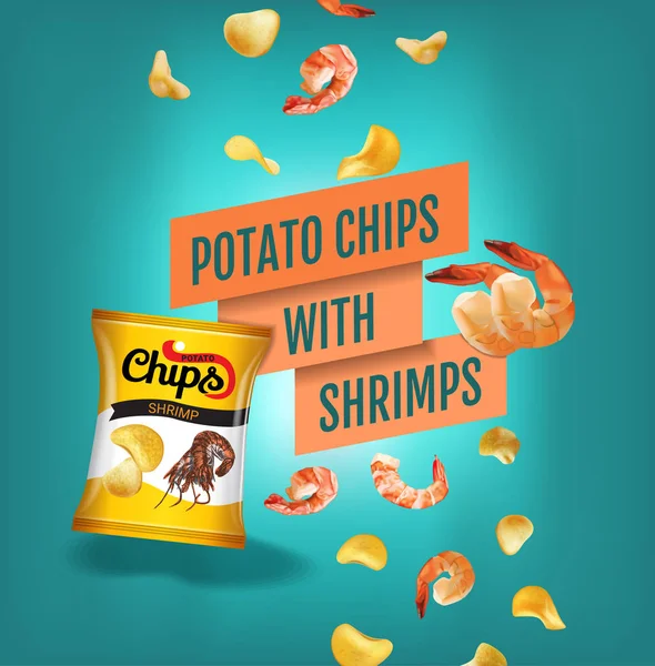 Kartoffelchips anzeigen. Vektor realistische Darstellung von Kartoffelchips mit Garnelen. Poster mit Produkt. — Stockvektor