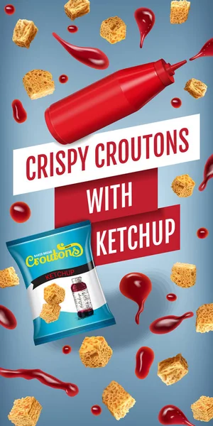 Ilustración realista vectorial de croutons con ketchup . — Vector de stock