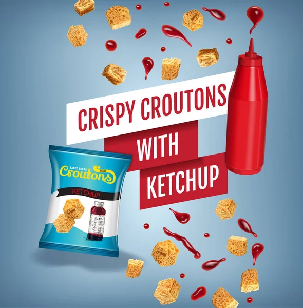 Vektor realistische Darstellung von Croutons mit Ketchup. — Stockvektor
