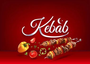 Yangın kebap gıda kavrulmuş. Geleneksel pişirme biftek, Barbekü, Barbekü ve Şaşlık gerçekçi vektör çizim. Izgara et ve sebze partiler için.
