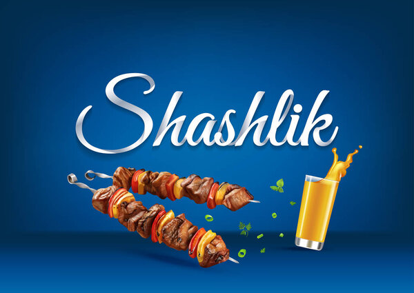 Roasted on fire Shashlik food. Realistic vector illustration of traditional cooking of steaks, barbecue, kebab and BBQ. Grilled meat and glass of juice for