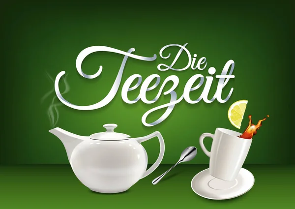 Tea idő, német nyelvű, betűkkel kalligráfia papír kéz. — Stock Vector