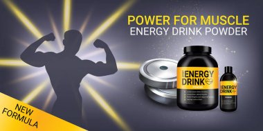 Enerji içecek reklamları. Vektör shaker ve kutular gerçekçi çizimi enerji içecek tozu ile.