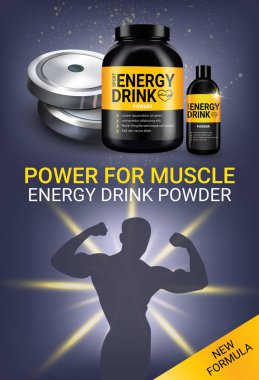 Enerji içecek reklamları. Kutular enerji içecek tozu ile vektör gerçekçi çizim.