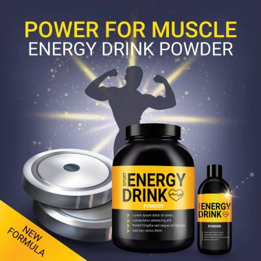 Enerji içecek reklamları. Kutular enerji içecek tozu ile vektör gerçekçi çizim.