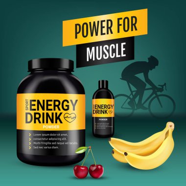 Enerji içecek reklamları. Kutular enerji içecek tozu kiraz ve muz lezzet ile vektör gerçekçi çizim.
