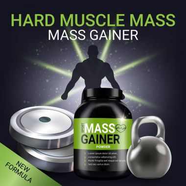 Kitle gainer reklamlar. Kutu kitle gainer tozu ile vektör gerçekçi çizim.