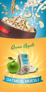 Yulaflı müsli reklamlar. Vektör yeşil elma müsli yulaf ezmesi gerçekçi çizim.