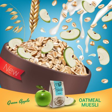 Yulaflı müsli reklamlar. Vektör yeşil elma müsli yulaf ezmesi gerçekçi çizim.