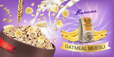 Yulaflı müsli reklamlar. Muz müsli yulaf ezmesi vektör gerçekçi çizim.
