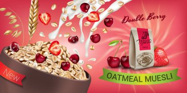 Yulaflı müsli reklamlar. Vektör Çift Kişilik berry müsli yulaf ezmesi gerçekçi çizim.