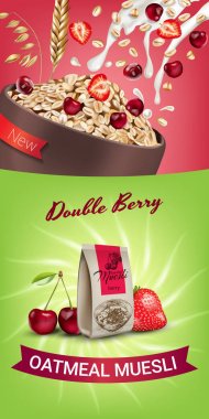 Yulaflı müsli reklamlar. Vektör Çift Kişilik berry müsli yulaf ezmesi gerçekçi çizim.