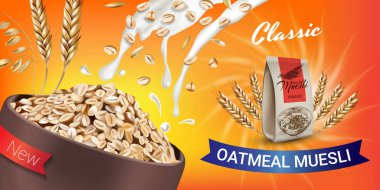 Yulaflı müsli reklamlar. Yulaflı müsli vektör gerçekçi çizim.