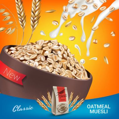 Yulaflı müsli reklamlar. Yulaflı müsli vektör gerçekçi çizim.