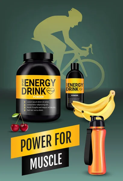 Energie drank advertenties. Vector realistische afbeelding van shaker en blikjes met energie drankje poeder met kersen en banaan smaak. — Stockvector