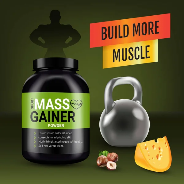 Kitle gainer reklamlar. Kutu kitle gainer tozu ile aromalı fındık ve peynir ile vektör gerçekçi çizim.