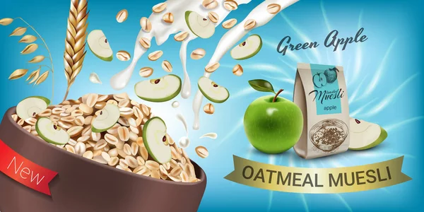 Yulaflı müsli reklamlar. Vektör yeşil elma müsli yulaf ezmesi gerçekçi çizim.