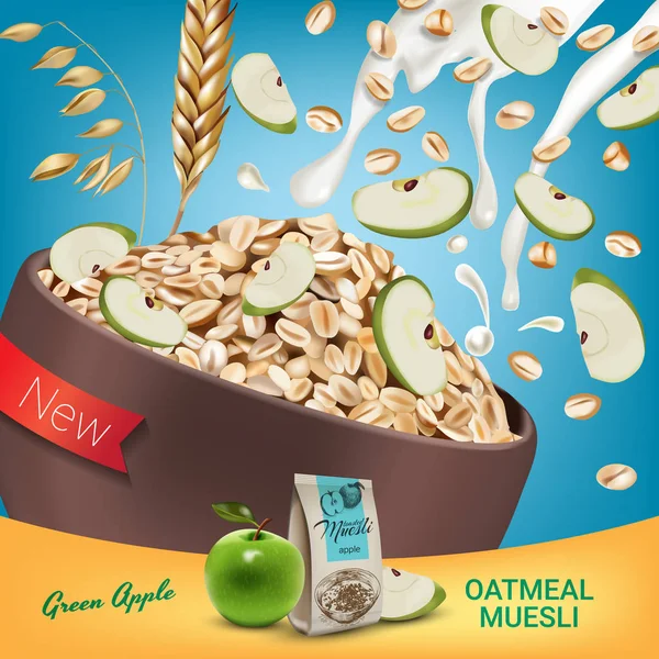 Yulaflı müsli reklamlar. Vektör yeşil elma müsli yulaf ezmesi gerçekçi çizim.