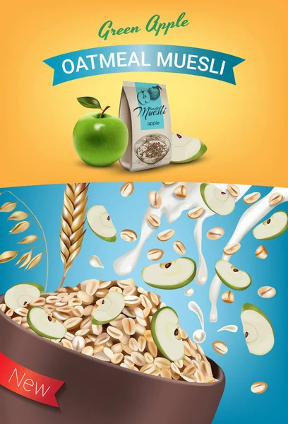 Yulaflı müsli reklamlar. Vektör yeşil elma müsli yulaf ezmesi gerçekçi çizim.