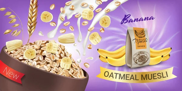 Yulaflı müsli reklamlar. Muz müsli yulaf ezmesi vektör gerçekçi çizim.